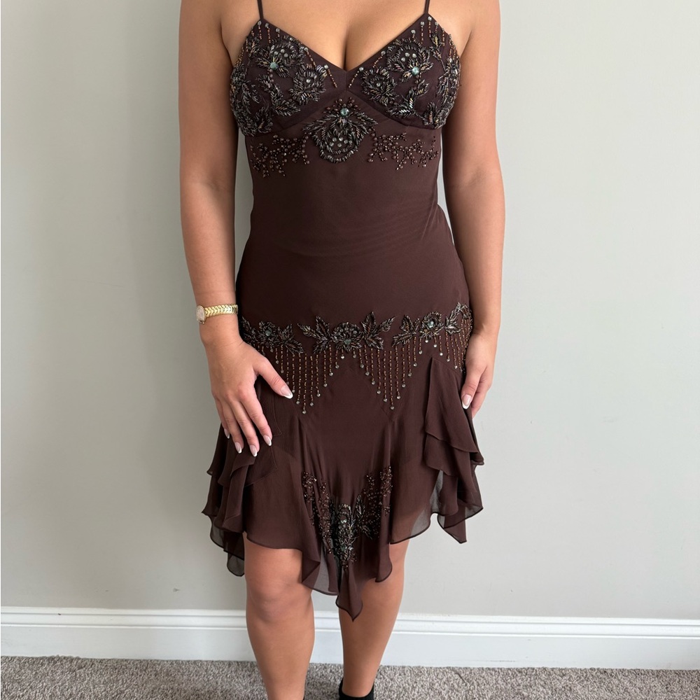 Sue Wong Brown Beaded Spaghetti-Strap Mini Dress